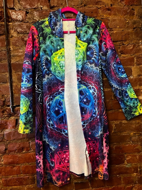 Personality geometry print hooded cardigan